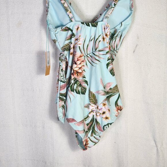 Kona Sol Sea Blue Pink Floral Lined High Coverage One Piece Bathing Suit SM 4-6 - Picture 10 of 16